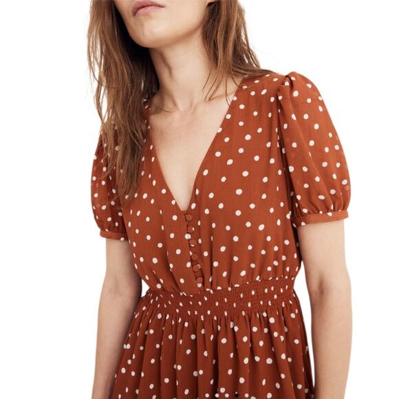 Madewell Smocked-Waist Mini Dress in Inkspot Dots Burnt Clay color Size XL - Picture 4 of 10